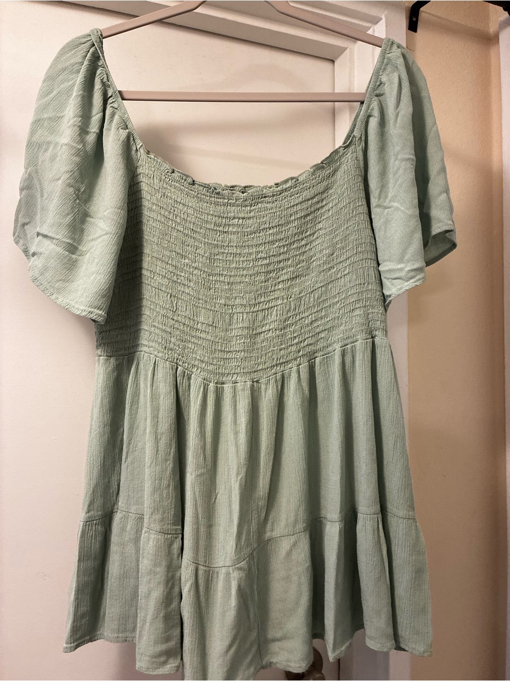 Stretchy Pale Green Blouse Ruched Chest Flowy Ruffled Bottom and Sleeves